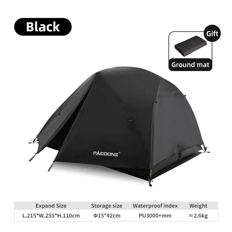 Black camping tent with specifications listed below.