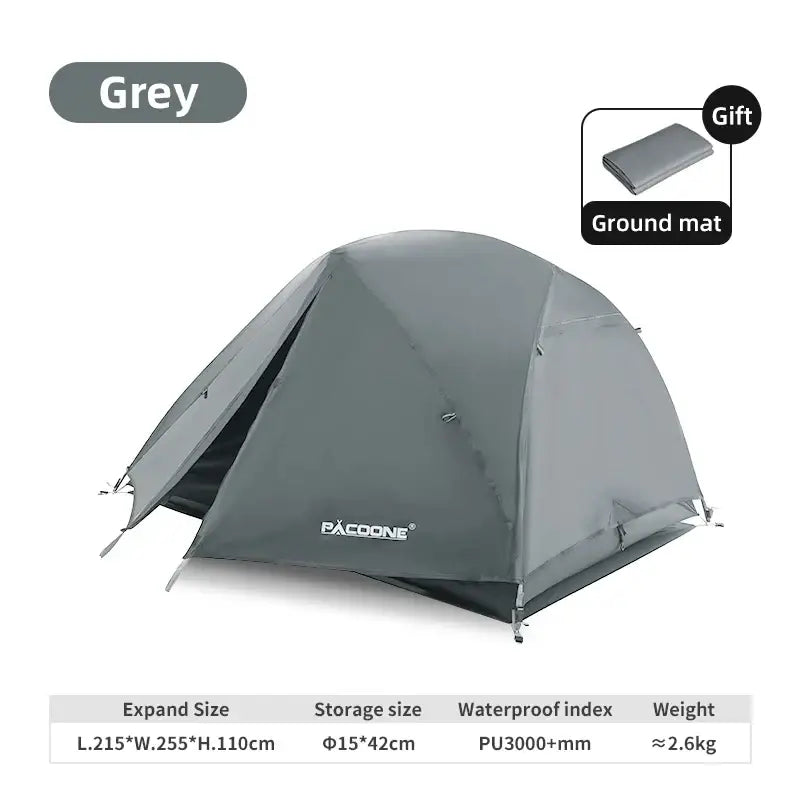 Grey dome-shaped camping tent with specifications listed below.