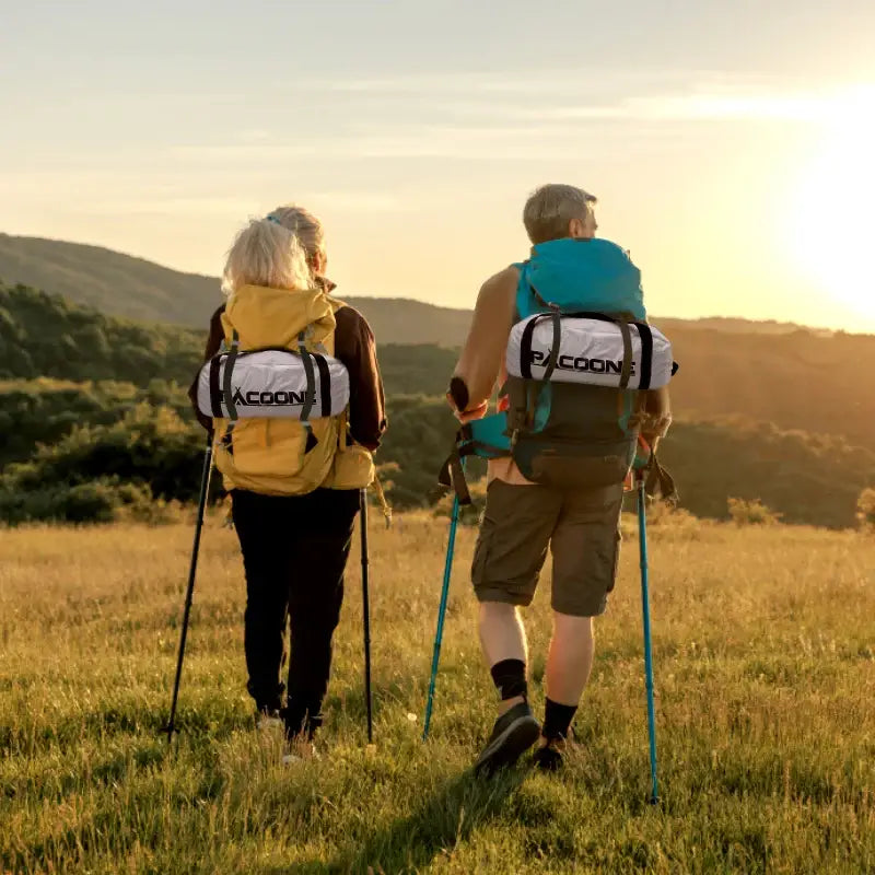 Two hikers with backpacks walking through a grassy field at sunset.