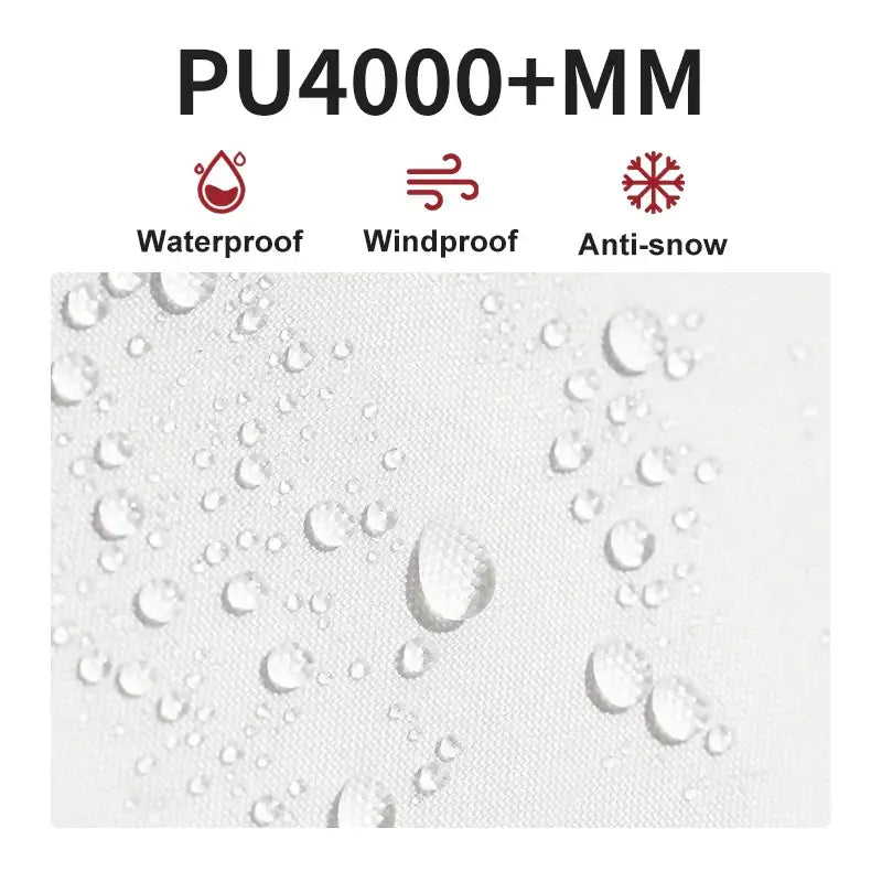 Water droplets on a white waterproof, windproof, and anti-snow fabric surface.