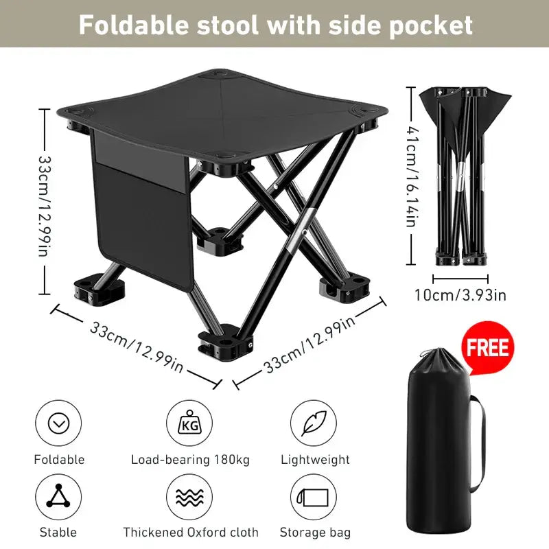 Foldable black camping stool with side pocket and storage bag.