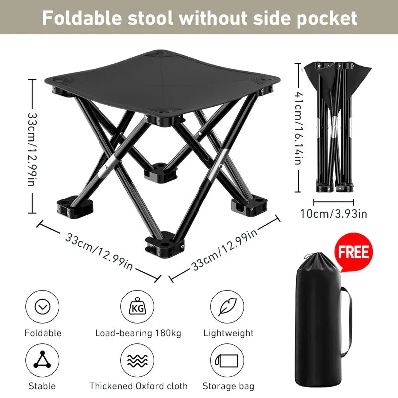 Foldable black camping stool with metal legs and fabric seat.