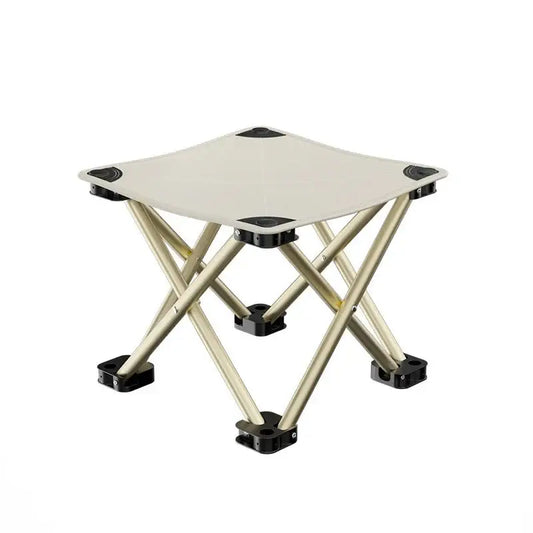 Portable folding stool with a square seat and metal legs.