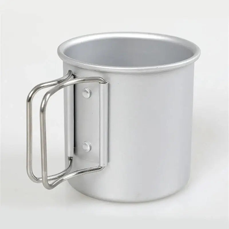 Metal camping mug with a folding wire handle.