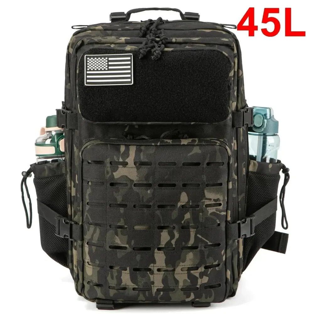 Military-style tactical backpack with camouflage pattern and American flag patch.