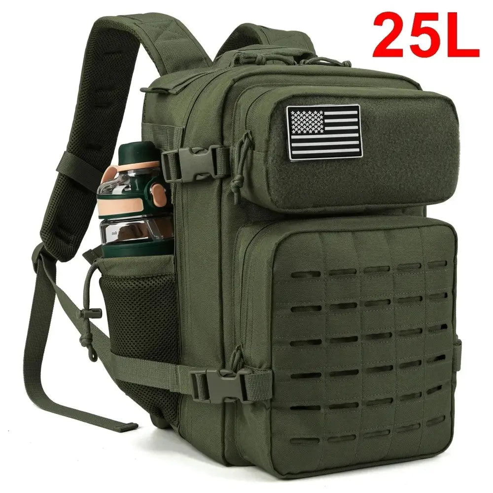 Military-style tactical backpack in olive green with an American flag patch.