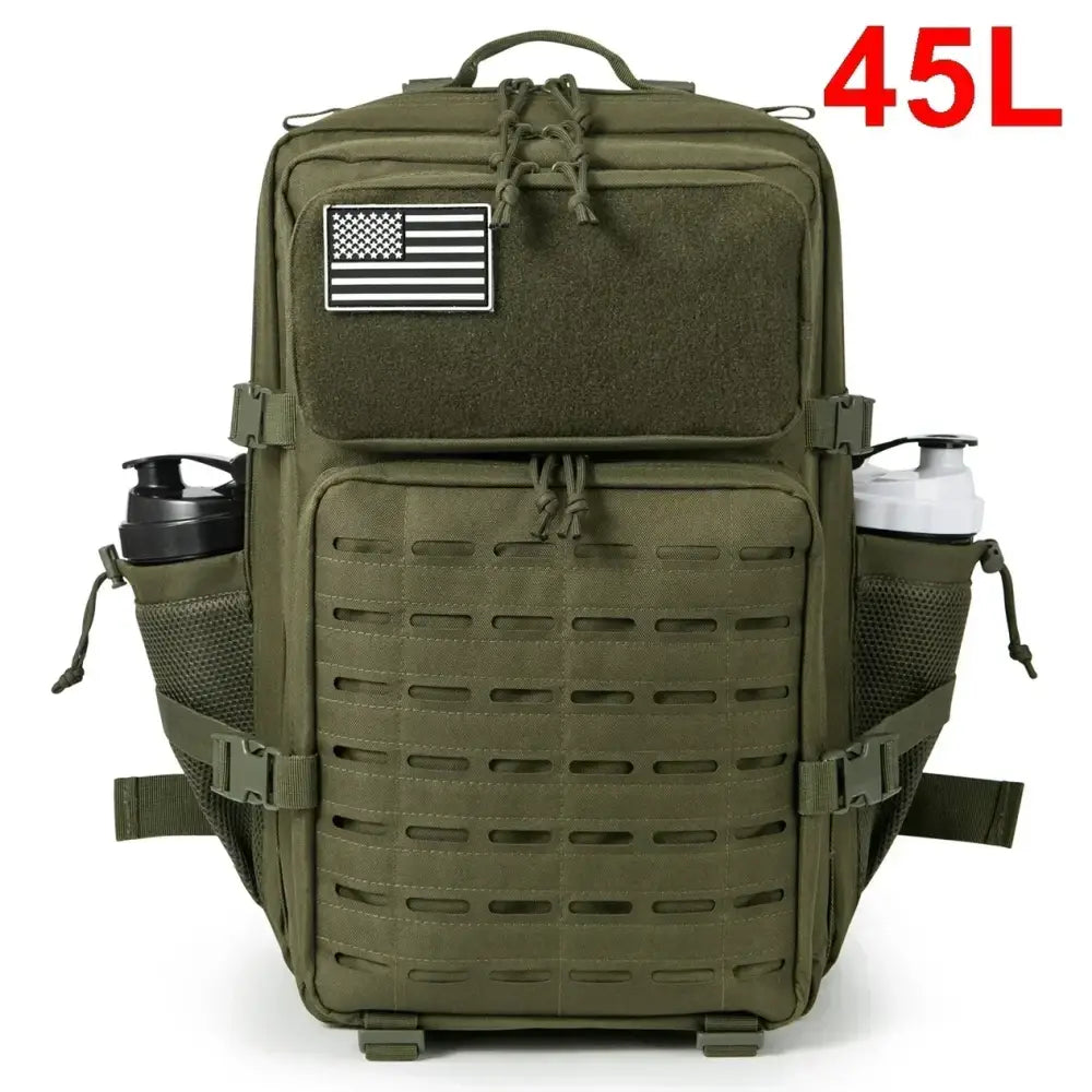 Military-style tactical backpack in olive green with an American flag patch.