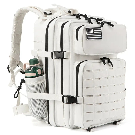 White tactical backpack with multiple compartments and an American flag patch.