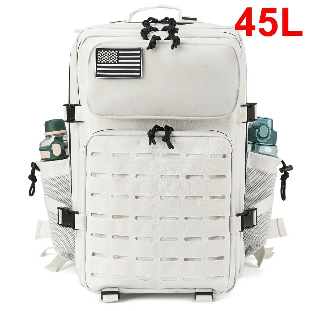 White tactical backpack with multiple compartments, MOLLE webbing, and an American flag patch.