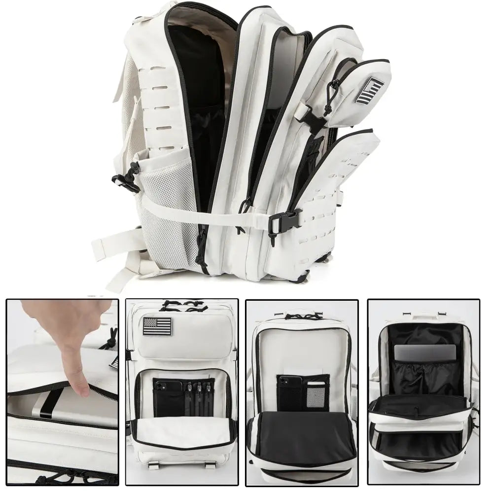 White backpack with multiple compartments and tech-friendly features.