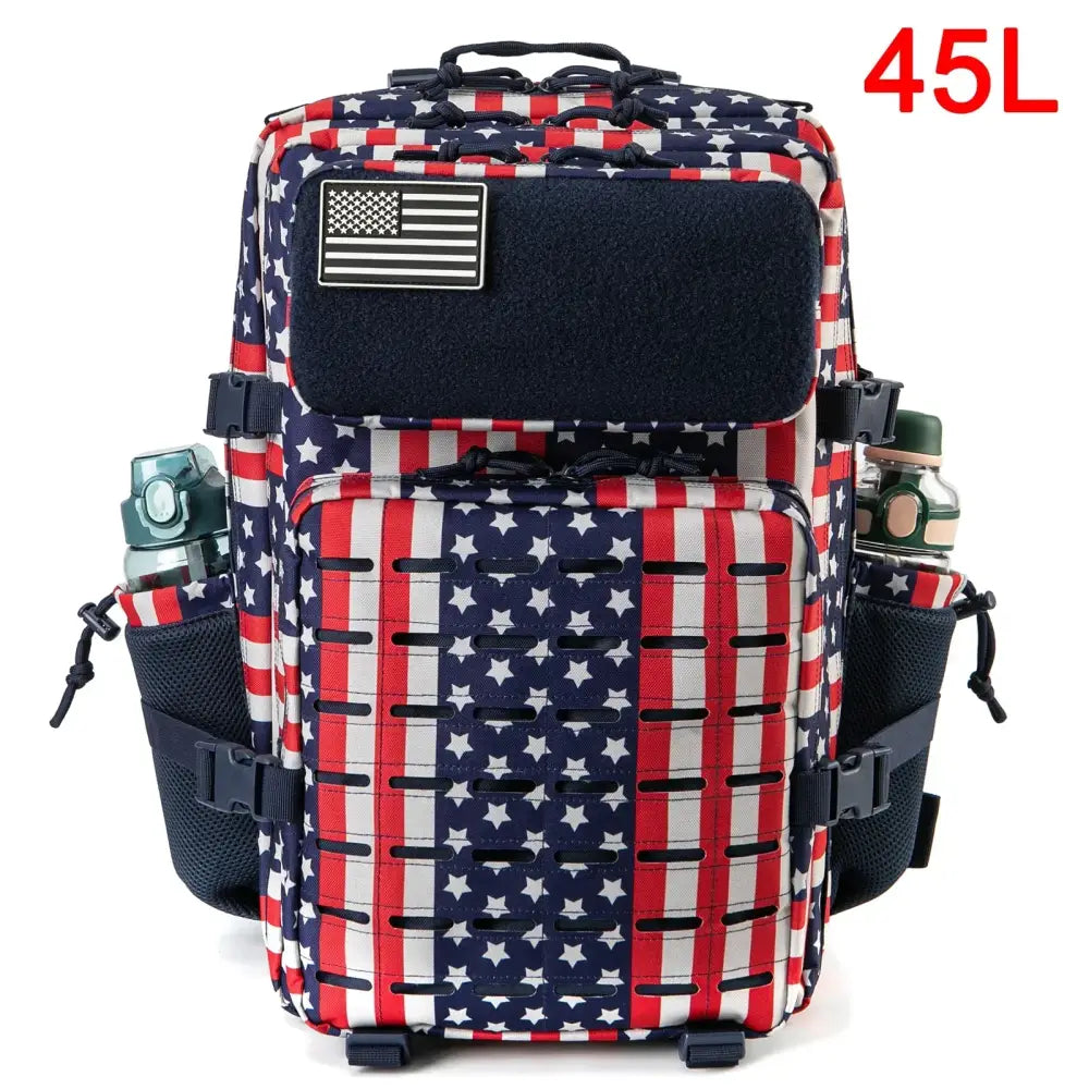 Patriotic American flag-themed backpack with multiple compartments and straps.