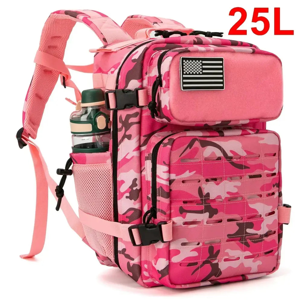 Pink camouflage tactical backpack with an American flag patch.