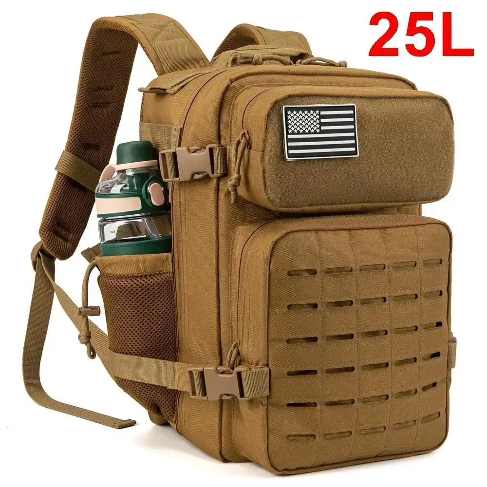 Tan tactical backpack with multiple compartments and an American flag patch.