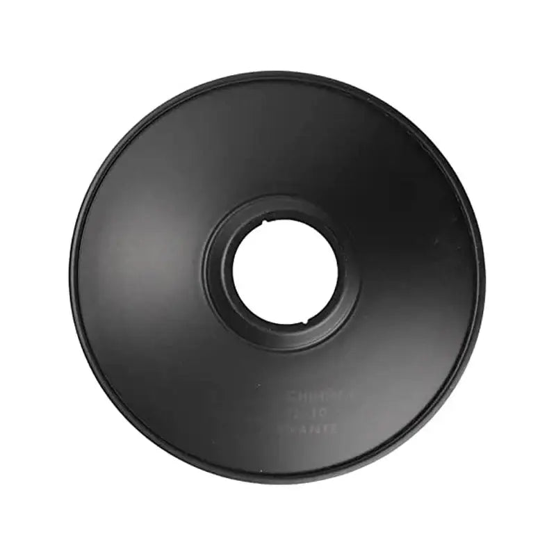 Black circular reflector with a central hole, typically used in photography.