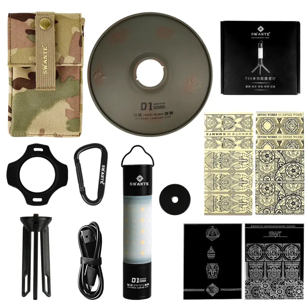 Collection of outdoor gear and accessories including a CD, flashlight, carabiner, and decorative patterns.