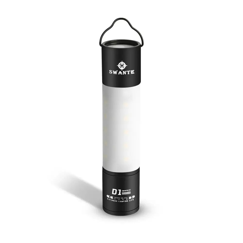 Cylindrical portable LED lantern or camping light with a handle.