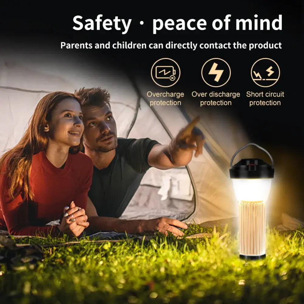 Portable camping lantern with safety features for family use outdoors.