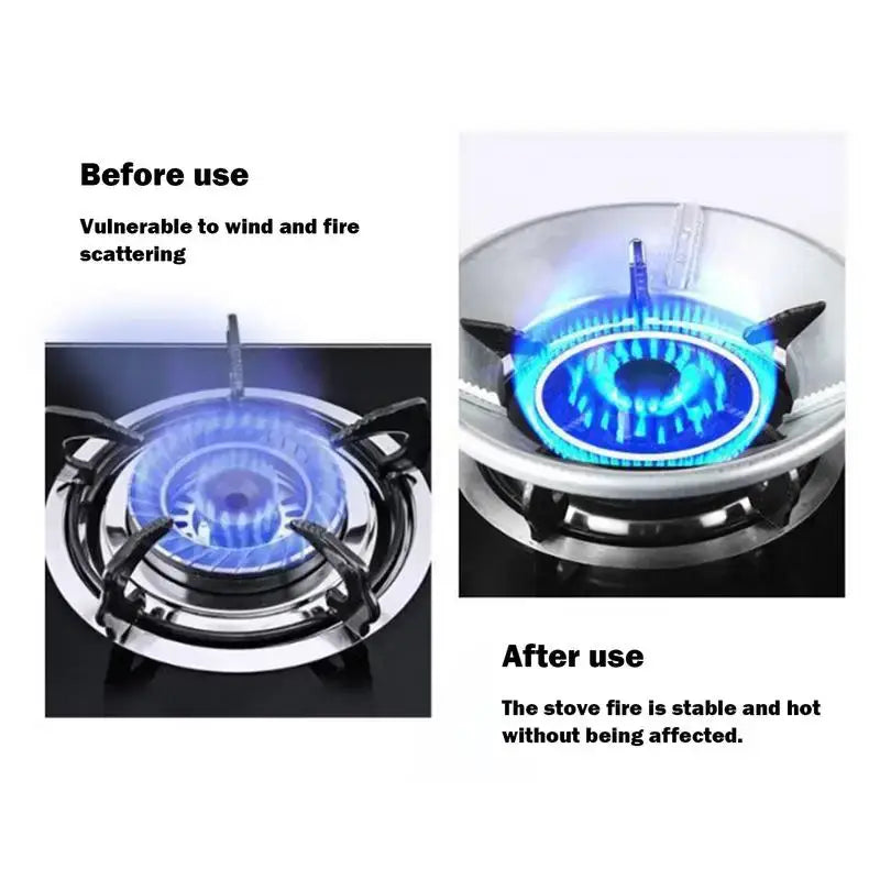 Gas stove burner with blue flame, shown before and after modification to improve stability.