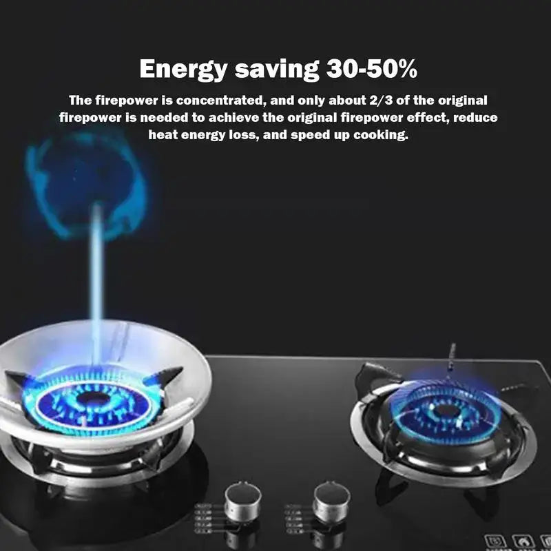 Gas stove burners with concentrated blue flames demonstrating energy-efficient cooking technology.