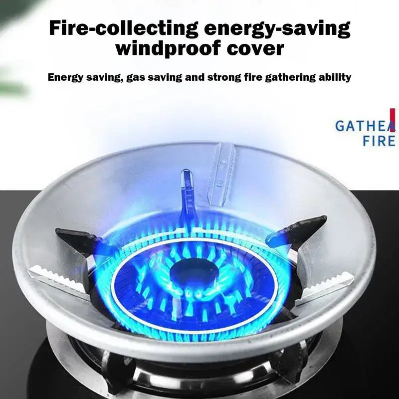 Circular windproof cover for a gas stove burner with blue flames visible underneath.