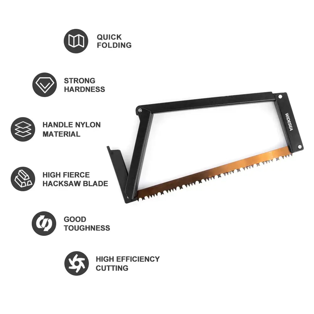 Folding saw with a black handle and orange serrated blade.