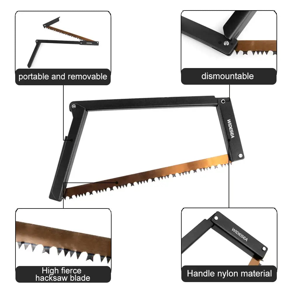 Foldable camping saw with a serrated blade and black handle frame.