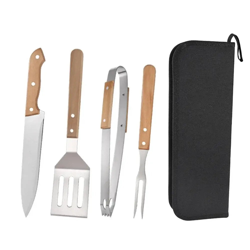 Barbecue utensil set with wooden handles and a black carrying case.