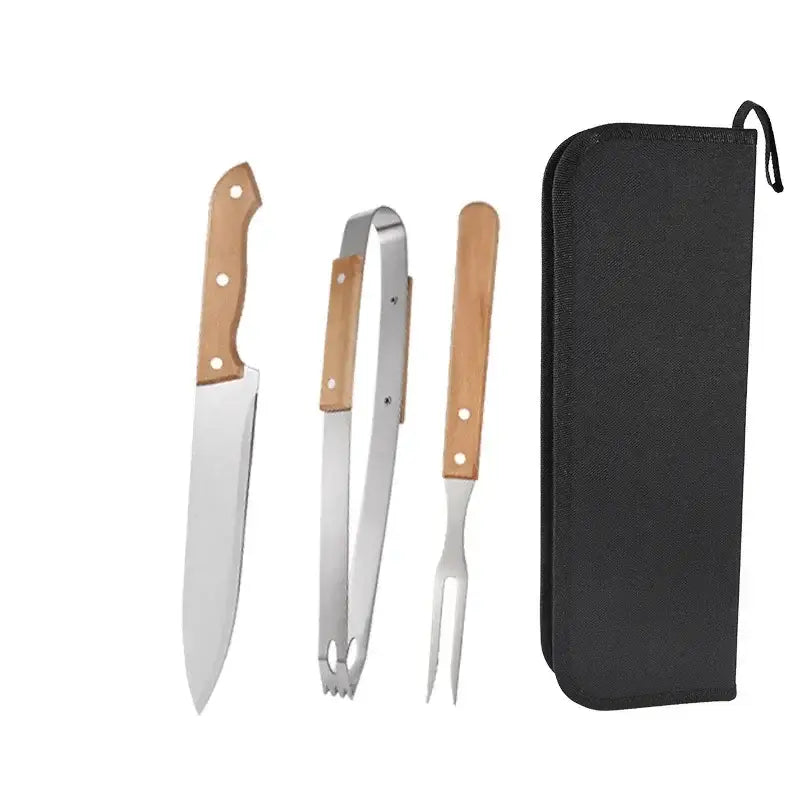 Barbecue tool set with wooden handles and a black carrying case.