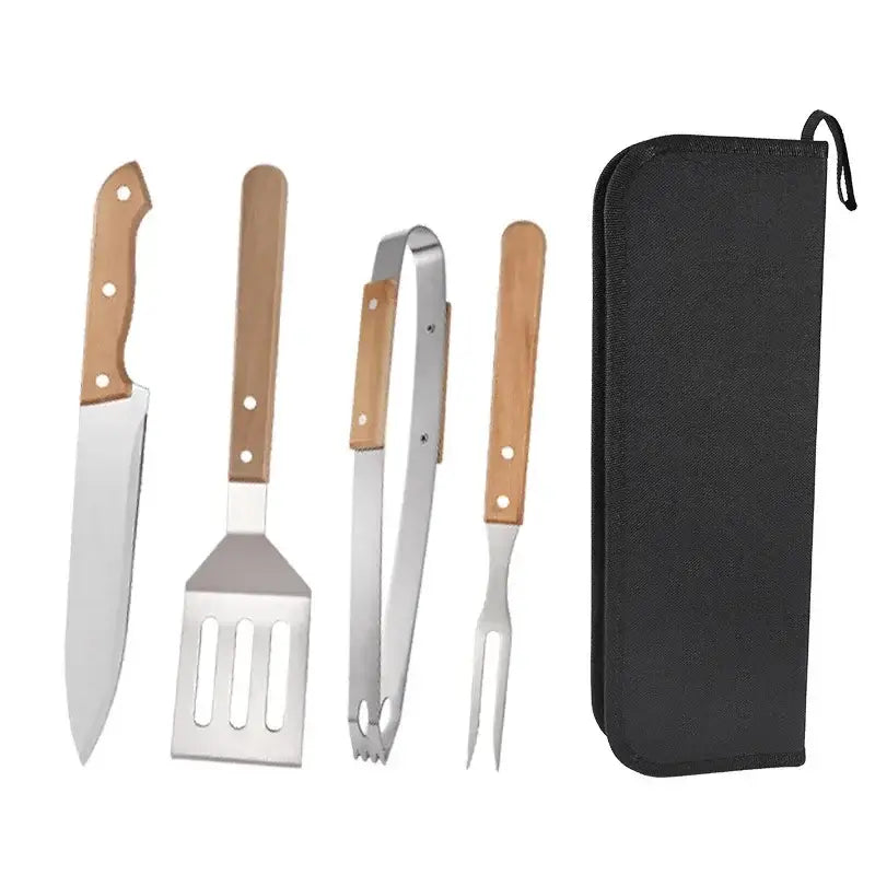 Barbecue tool set with wooden handles and a black carrying case.