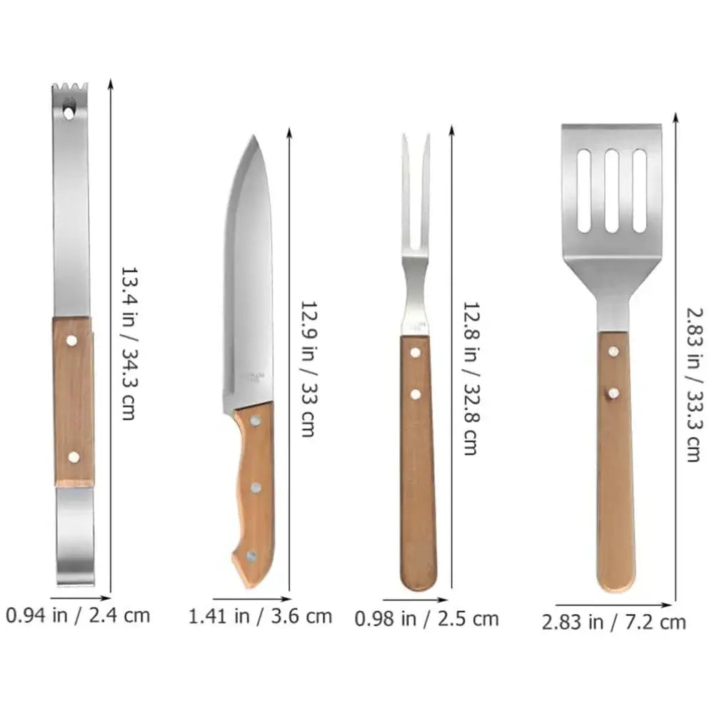 Set of kitchen utensils with wooden handles, including tongs, a chef’s knife, a carving fork, and a spatula.