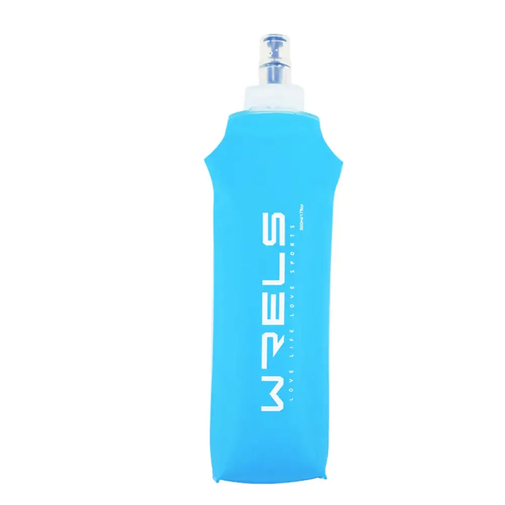 Blue soft flask water bottle with ’WELS’ printed in white text.