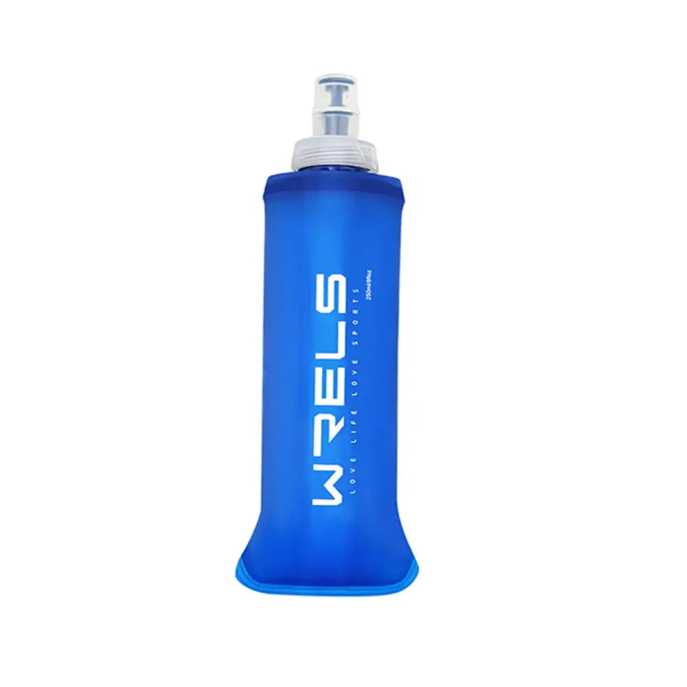 Blue soft flask water bottle with ’WRELS’ branding.