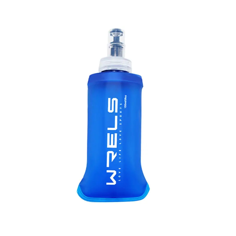 Blue flexible water bottle with ’VRELS’ branding and a push-pull cap.