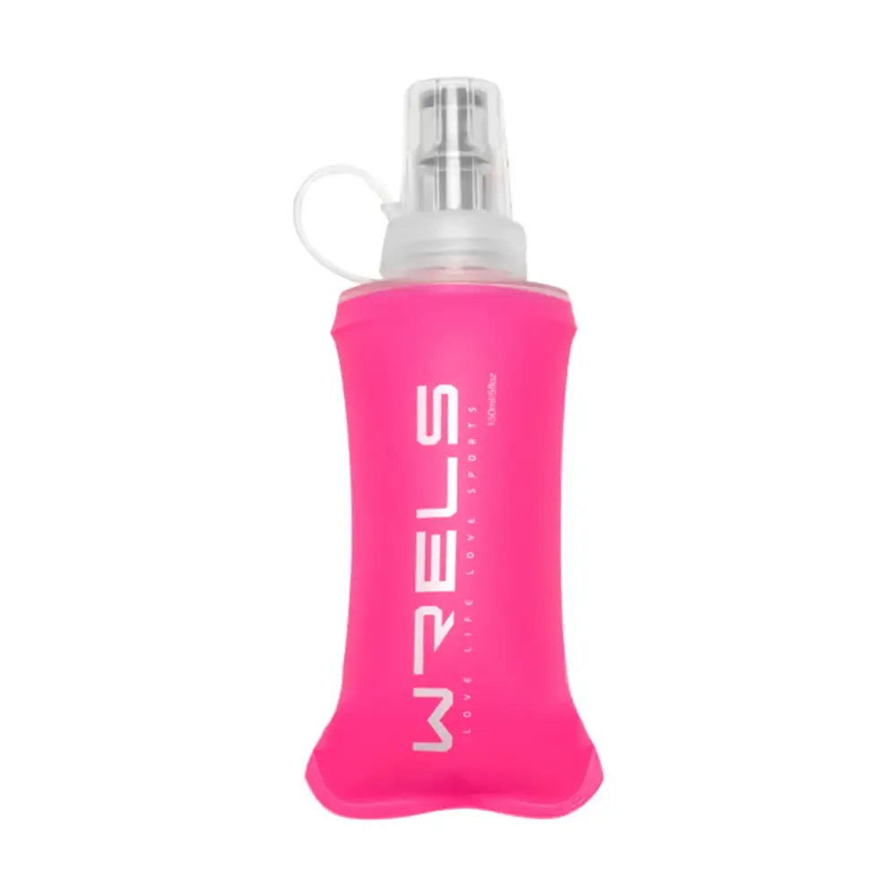 Bright pink soft flask or water bottle with ’WRELS’ printed in white text.