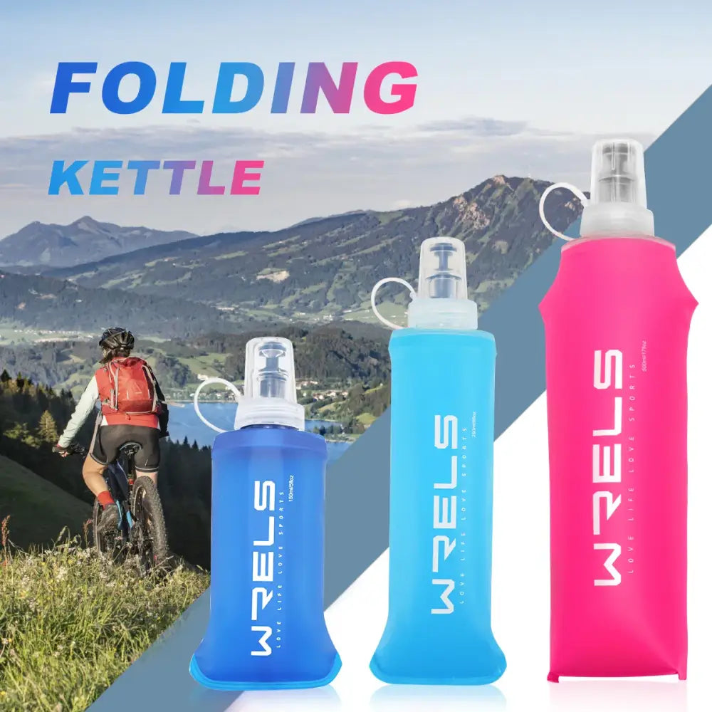 Collapsible water bottles in blue and pink colors with ’FOLDING KETTLE’ text above.