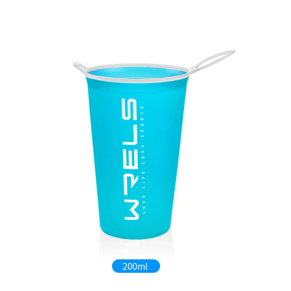 Bright blue reusable cup with ’WRELS’ branding and a flexible straw.