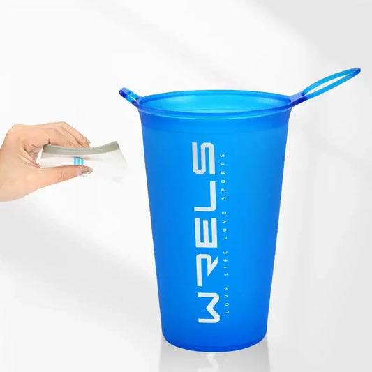 Bright blue reusable cup with ’WRELS’ branding and a handle.