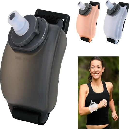 Handheld water bottle designed for runners or athletes to carry while exercising.