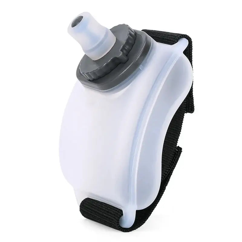 Handheld water bottle with a strap for carrying during exercise or outdoor activities.