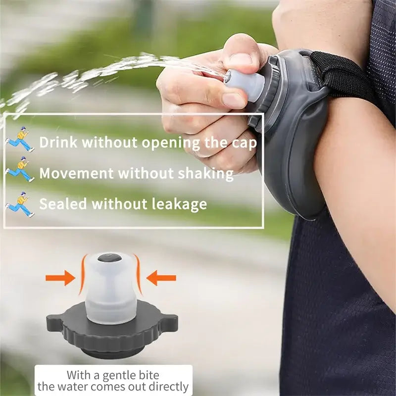 Wearable water bottle with a bite valve for hands-free drinking.