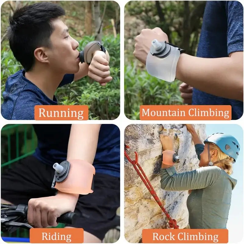 Wearable fitness tracker or smartwatch shown in various outdoor activities.