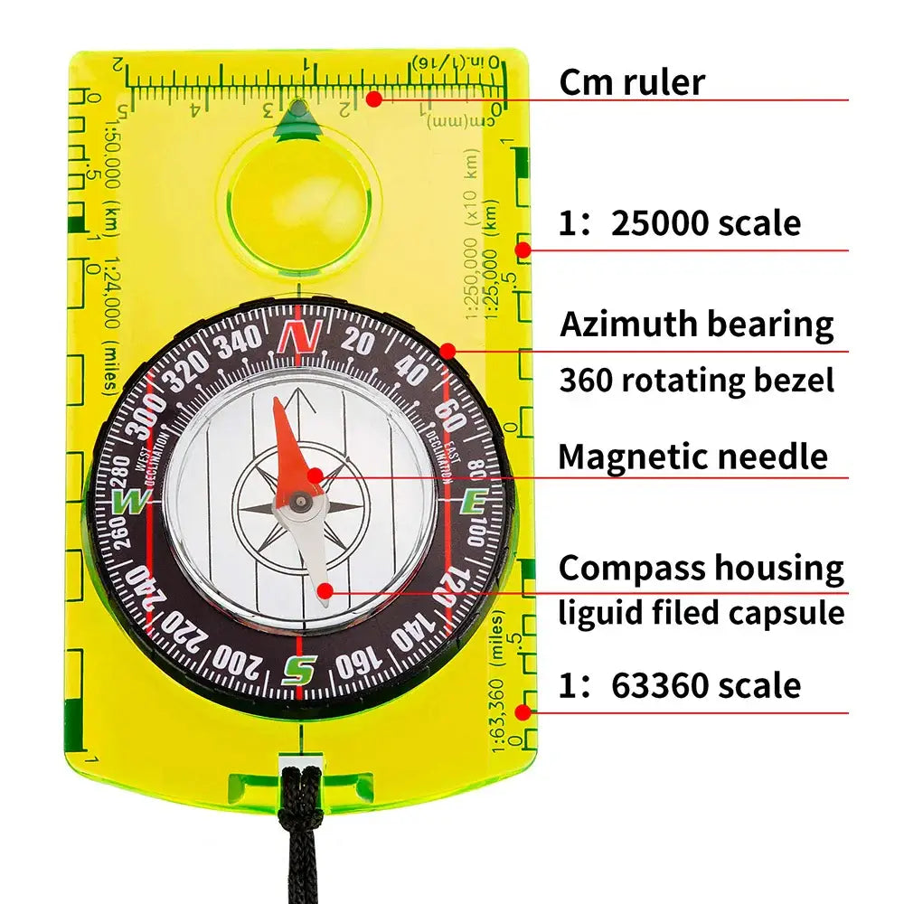 Handheld orienteering compass with labeled components on a yellow base.