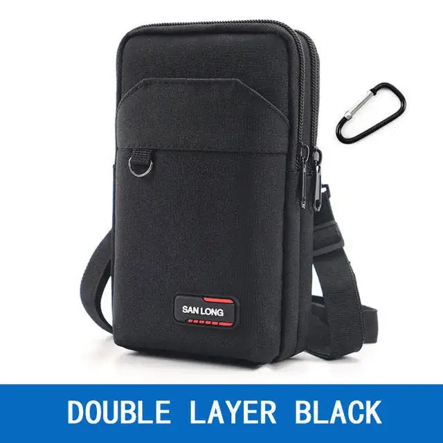 Black double-layer shoulder bag with multiple pockets and a carabiner clip.