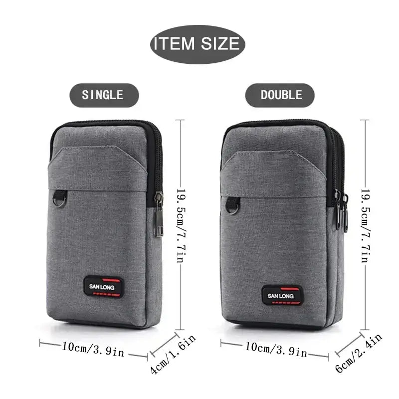 Gray fabric pouches or cases in two sizes labeled ’Single’ and ’Double’.